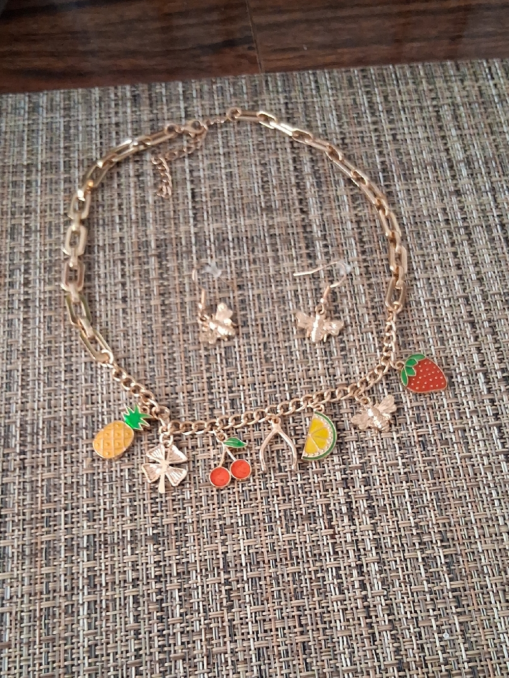 paparazzi Gold-Tone Fruit Charm Necklace and Earrings Set - Red, Yellow, Green